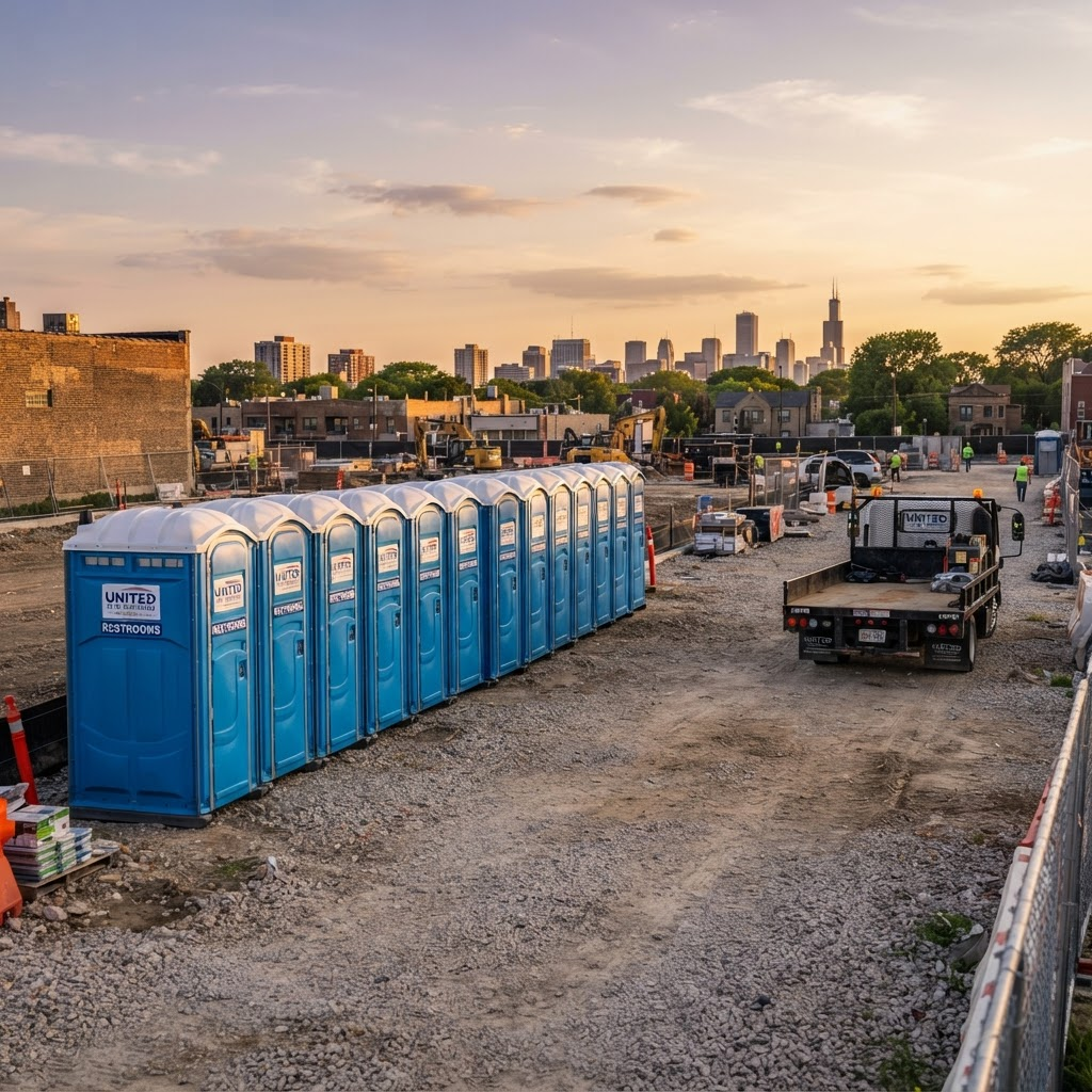 Fleet of clean portable restrooms ready for delivery in Cicero, Illinois